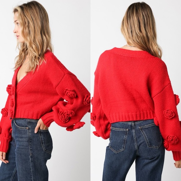 *PREORDER* Lucky To Be In Love Red Rose Cropped Sweater - Picture 2 of 3
